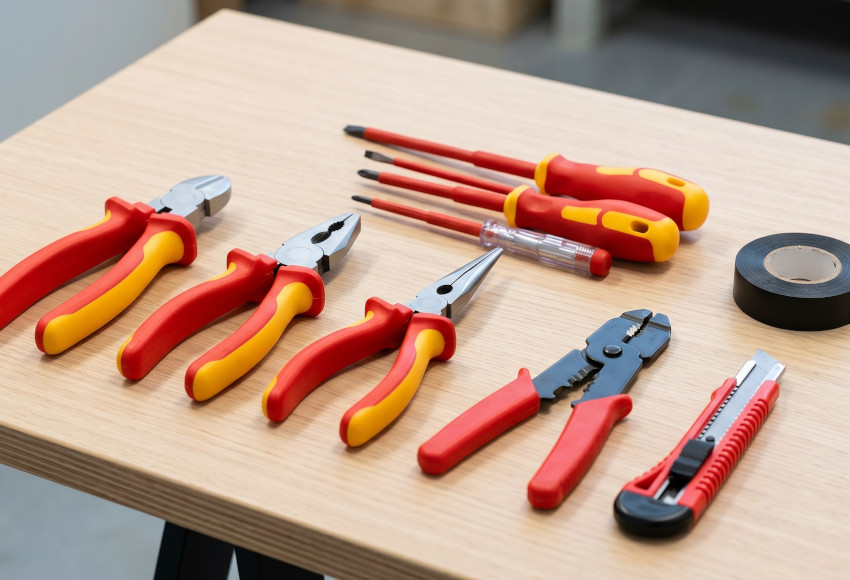 A collection of red and yellow insulated electrical hand tools, including pliers, screwdrivers, a wire stripper, and electrical tape, arranged on a wooden workbench.