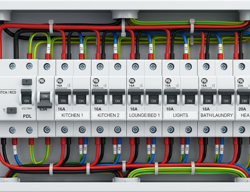 A neat, modern residential electrical distribution board with a 63A RCD main switch and labeled circuit breakers for Kitchen, Lounge, Lights, Bath/Laundry, and Heat Pump.