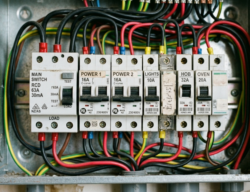A close-up of a residential electrical distribution board featuring a main RCD switch, circuit breakers for power and lights, and dedicated switches for a hob and oven.