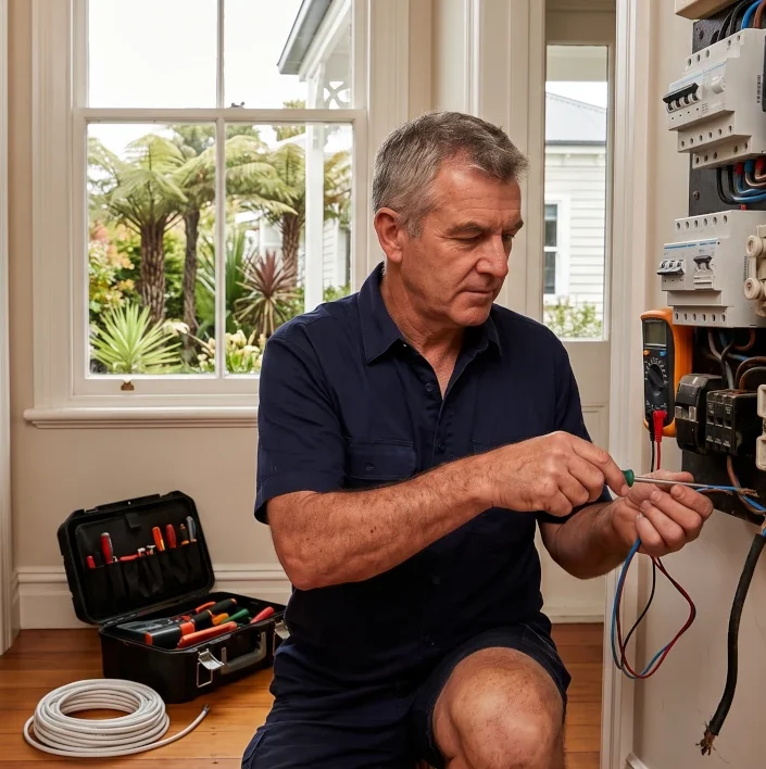 A qualified electrician with grey hair, kneeling and working on an open electrical switchboard in a residential villa in Auckland. He is stripping wires while test probes are connected, with a toolbox and a lush garden visible in the background.